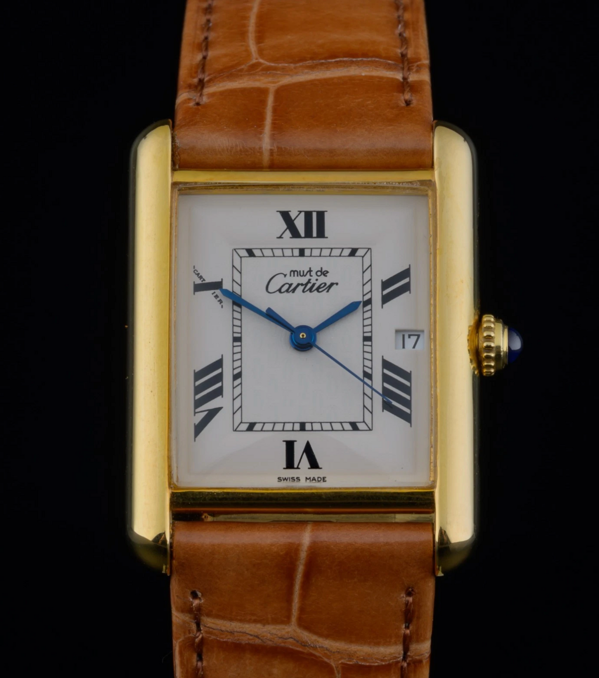 Cartier Tank Must Large 2413 Gold Vermeil 25mm White Roman Dial Quartz Watch