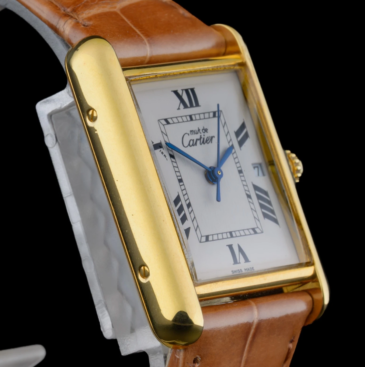 Cartier Tank Must Large 2413 Gold Vermeil 25mm White Roman Dial Quartz Watch