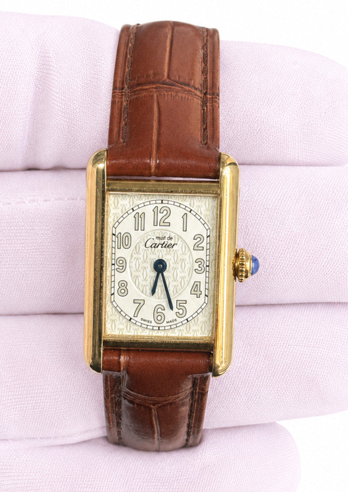 Cartier Tank Must  W1013854, Used Fair Condition, Brown Leather Strap Watch Only
